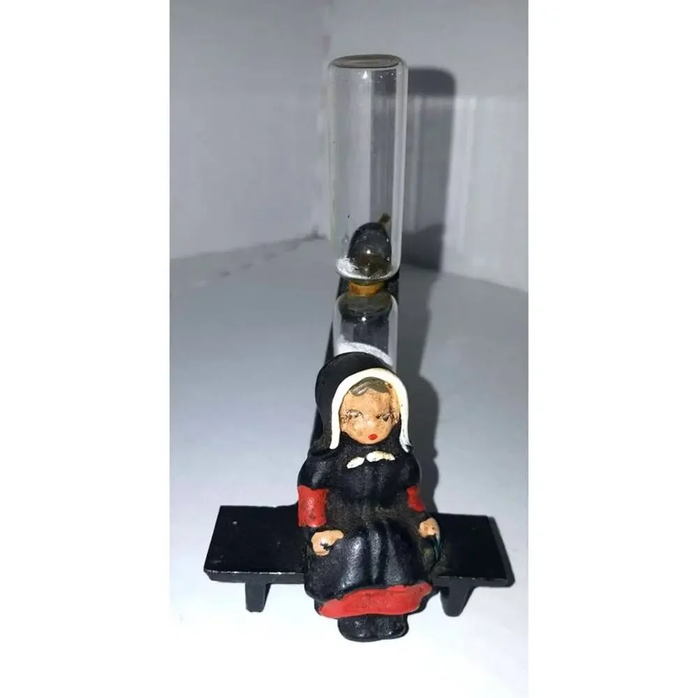 Vintage Egg Timer Kitchen Cast Iron Amish Girl Bench H17